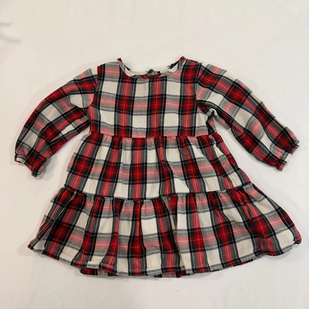 H&M Plaid‎ Tiered Long Sleeve Dress Kids 12M Red White Green Cotton | Holiday